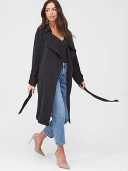 Wallis Washed Twill Turnback Duster Coat -Black, Size 14, Women