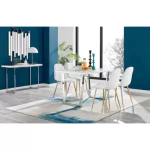 Furniture Box Kylo White High Gloss Dining Table and 4 White Corona Gold Leg Chairs