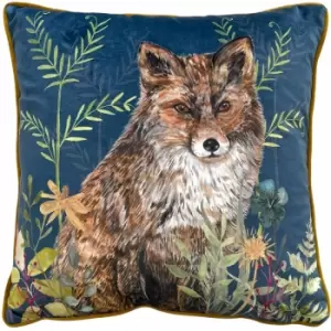 Wylder - Nature Willow Fox Print Velvet Piped Edge Cushion Cover, Midnight, 43 x 43 Cm