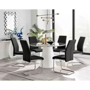 Furniture Box Palma White Marble Effect Round Dining Table and 6 Black Lorenzo Chairs