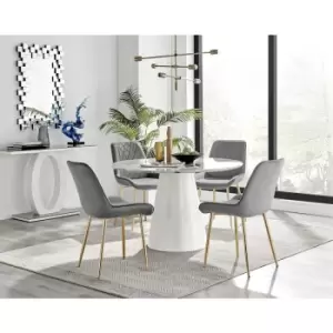 Furniturebox Palma White Marble Effect 120cm Round Minimalist Dining Table & 4 Grey Pesaro Gold Leg Velvet Chairs