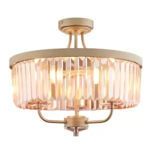 Round Champagne Finished Semi Flush Ceiling Light Rose Pink Cut Glass Detailing