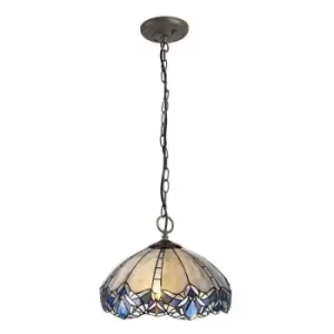 3 Light Downlight Ceiling Pendant E27 With 40cm Tiffany Shade, Blue, Clear Crystal, Aged Antique Brass - Luminosa Lighting