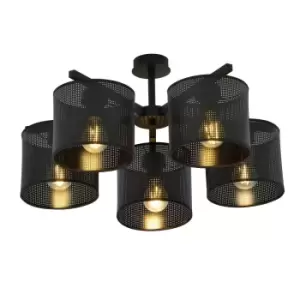 Emibig Jordan Black Multi Arm Semi Flush Ceiling light with Black Fabric Shades, 5x E27