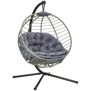 Outsunny PE Rattan Swing Chair, Outdoor Hanging Chair with Metal Stand, Thick Padded Cushion, Foldable Basket and Cup Holder, for Indoor and Outdoor,