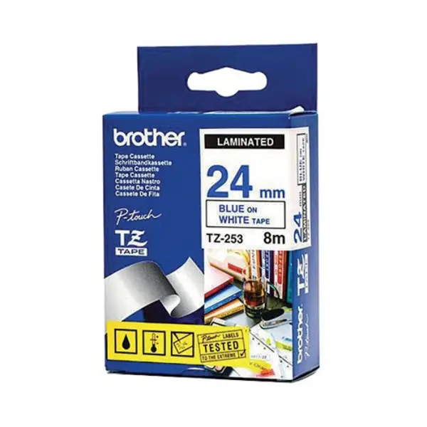 Brother P-touch TZe Laminated Tape Cassette 24mm x 8m Blue on White Tape TZE253