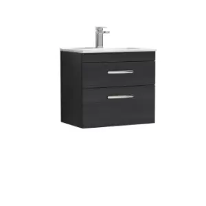 Nuie Athena 600 Wall Hung 2-drawer Vanity & Minimalist Basin - Black Woodgrain