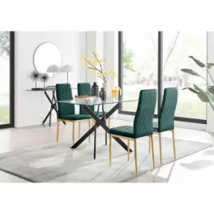 Furniture Box Leonardo Black Leg Glass Dining Table and 4 Green Velvet Milan Gold Leg Chairs