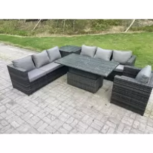 Fimous 7 Seater Outdoor Dark Grey Rattan Lounge Complete Sofa Set with Adjustable Dining Table and Armchairs