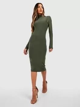 Boohoo Premium Contour Slinky Roll Neck Midi Dress - Khaki, Green, Size 16, Women