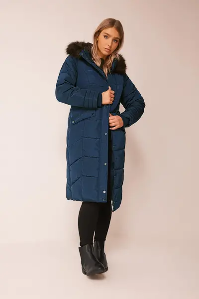 M&Co Faux Fur Trim Padded Coat Blue