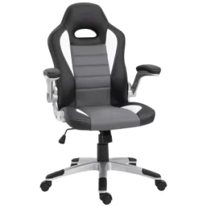 HOMCOM Racing Office Chair PU Leather Computer Desk Chair Gaming Style with Wheels, Flip-Up Armrest, Grey