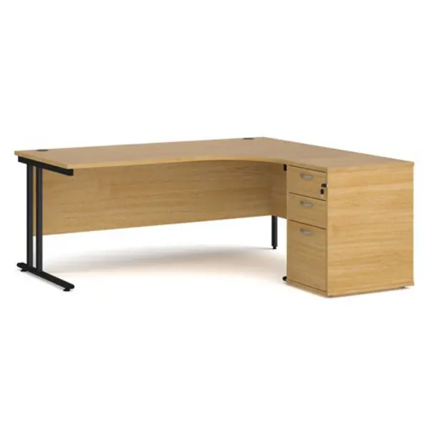 Office Desk Right Hand Corner Desk 1800mm With Pedestal Oak Top With Black Frame Maestro 25