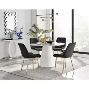 Furniturebox Palma White Marble Effect 120cm Round Minimalist Dining Table & 4 Black Pesaro Gold Leg Velvet Chairs