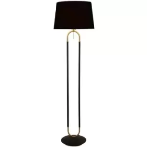 Searchlight Jazz 1 Light Floor Lamp, Satin Brass And Black Velvet Shade Pull Switch