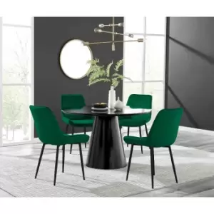 Furniture Box Palma Black Semi Gloss Round Dining Table and 4 Green Pesaro Black Leg Chairs