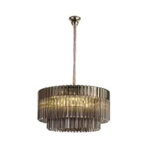 Poland Ceiling Pendant Round 12 Light E14, Polished Nickel, Smoke Sculpted Glass, Item Weight: 25.4kg