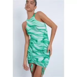 I Saw It First Green Abstract Mesh Racer Neck Ruched Bodycon Dress - Green