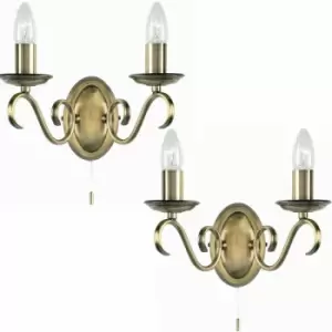 Loops - 2 pack Dimmable LED Twin Wall Light Antique Brass Vintage 2x Bulb Lamp Lighting