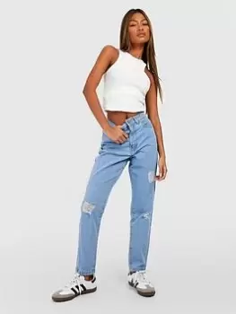 Boohoo High Rise Distressed Mom Jeans - Light Wash, Blue, Size 6, Women