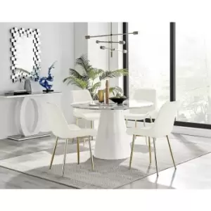 Furniturebox Palma White Marble Effect 120cm Round Minimalist Dining Table & 4 Cream Pesaro Gold Leg Velvet Chairs