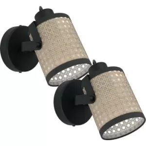 2 PACK LED Wall Light / Sconce Black & Wicker Pattern Adjustable Shade 10W E27