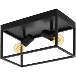 Loops - Flush Ceiling Light Colour Black Open Metal Frame Box & Holders Bulb E27 2x40W