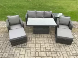 Fimous 5 Seater Outdoor Dark Grey Rattan Lounge Sofa Complete Set with Adjustable Table and 2 Big Footstools