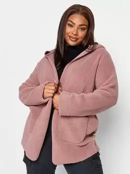 Yours Pink Teddy Hooded Jacket, Pink, Size 26-28, Women