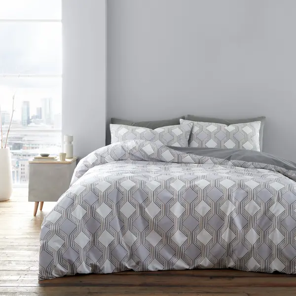 Bianca Atticus Geometric 200 Thread Count Cotton Grey Duvet Cover and Pillowcase Set Grey