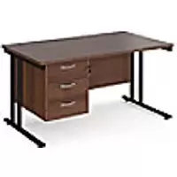 Rectangular Straight Desk with Cantilever Legs Walnut Wood Black Maestro 25 1400 x 800 x 725mm 3 Drawer Pedestal