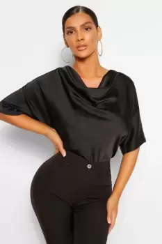 Satin Cowl Neck Short Sleeve Blouse