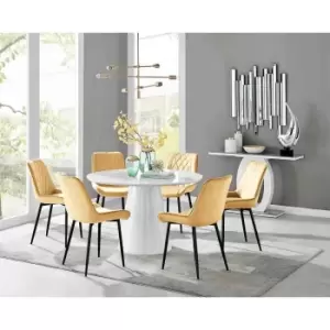 Furniture Box Palma White High Gloss Round Dining Table and 6 Mustard Pesaro Black Leg Chairs