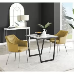 Furniturebox Carson White Marble Effect Square Dining Table & 2 Mustard Calla Silver Leg Velvet Chairs