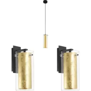 Ceiling Pendant Light & 2x Matching Wall Lights Clear Glass & Gold Shade Lamp