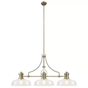 Linear Ceiling Pendant With 38cm Flat Round Shade, 3 x E27, Antique Brass, Clear Glass - Luminosa Lighting