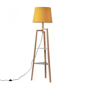 Towa Light Wood Tripod Floor Lamp with Shelves and XL Mustard Aspen Sh