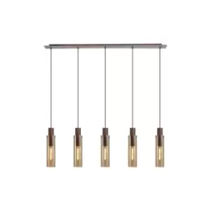 Blake Slim Linear Ceiling Pendant, 5 Light Adjustable E27, Mocha, Amber Glass