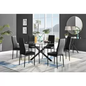 Furniturebox UK - Furniturebox Novara Black Leg 120cm Round Glass Dining Table & 6 Black Milan Velvet Dining Chairs With Black Legs Diamond Stitch