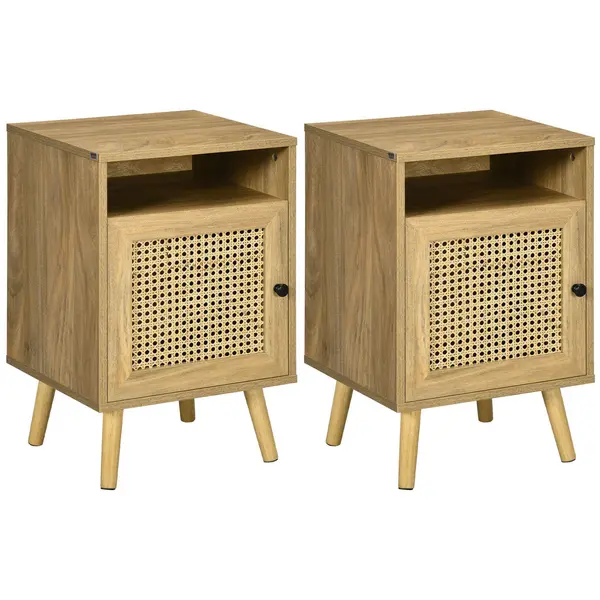 Bedside Table Set of 2 End Table with Open Shelf Rattan Door