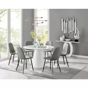 Furniturebox Palma White High Gloss 6 Seat Minimalist Post Modern Round Dining Table & 6 Grey Corona Faux Leather Dining Chairs with Black Legs