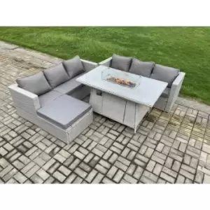 Fimous 6 Seater Outdoor Light Grey Rattan Lounge Complete Sofa Set with Gas Fire Pit Dining Table and Big Footstool