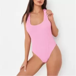 Missguided Petite Crinkle Scoop Neck High Leg Swimsuit - Purple