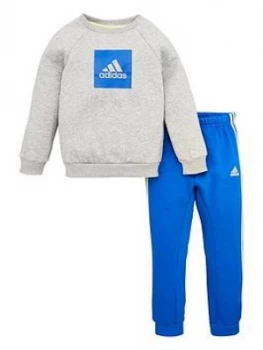 Boys, adidas Infant 2 Piece 3 Stripe Logo Sweatshirt and Jogger Set - Medium Grey Heather, Size 3-6 Months