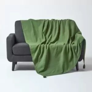 Cotton Rajput Ribbed Dark Olive Throw, 225 x 255cm - Green - Homescapes