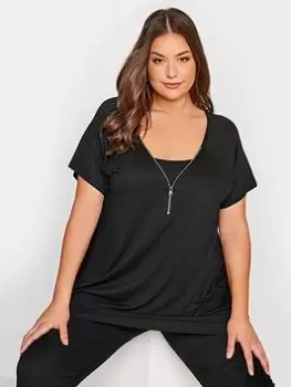 Yours Zip Neck Tshirt - Black, Size 30-32, Women