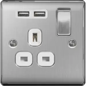 BG Nexus Metal Brushed Steel Single 1 Gang Plug Socket with 2 x USB Outlet White Insert 13A - NBS21U2W