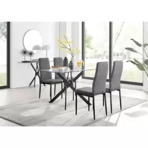 Furniturebox UK - Furniturebox Leonardo 4 Black Leg Glass Dining Table and 4 Grey Milan Velvet Dining Chairs With Black Legs Diamond Stitch Modern