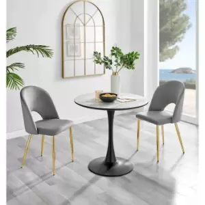 Furniture Box Elina White Marble Effect Round Dining Table and 2 Grey Arlon Gold Leg Chairs