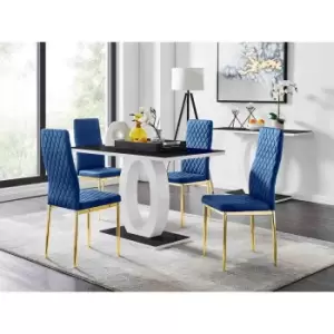 Furniture Box Giovani 4 Black Dining Table and 4 Navy Velvet Milan Gold Leg Chairs